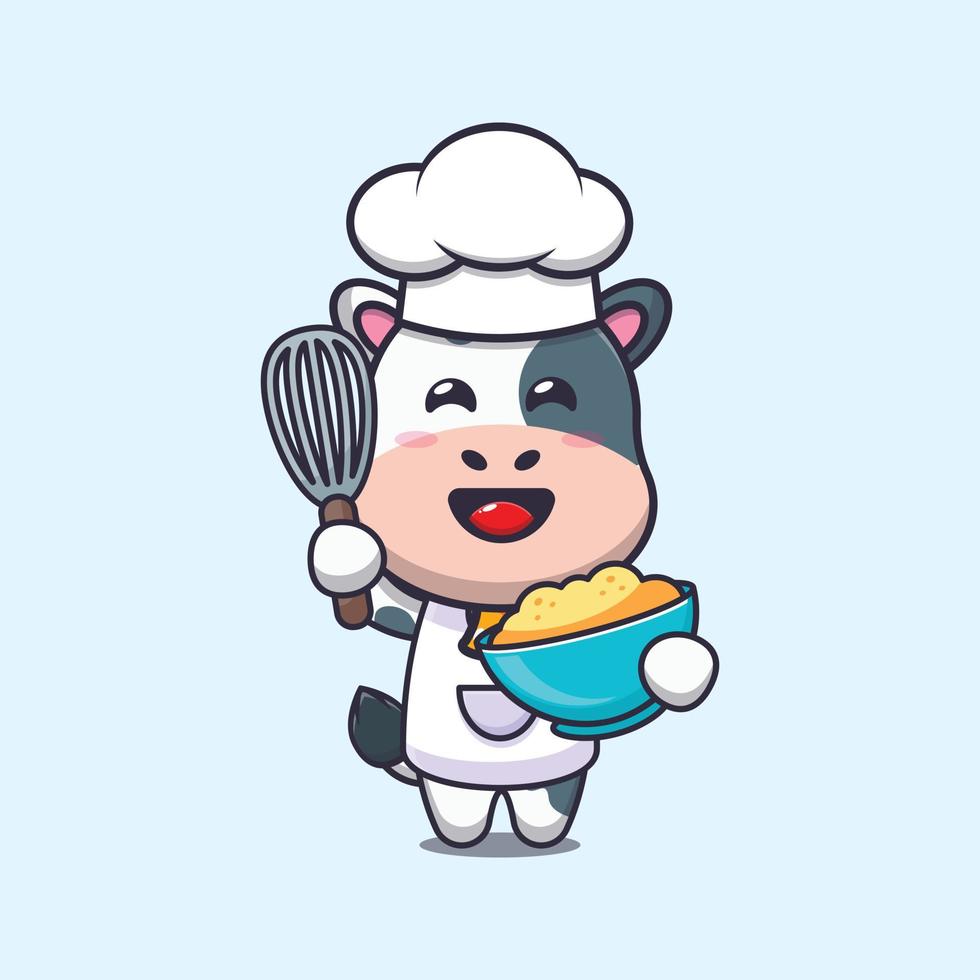 personnage de dessin animé mignon vache chef mascotte avec pâte à gâteau vecteur