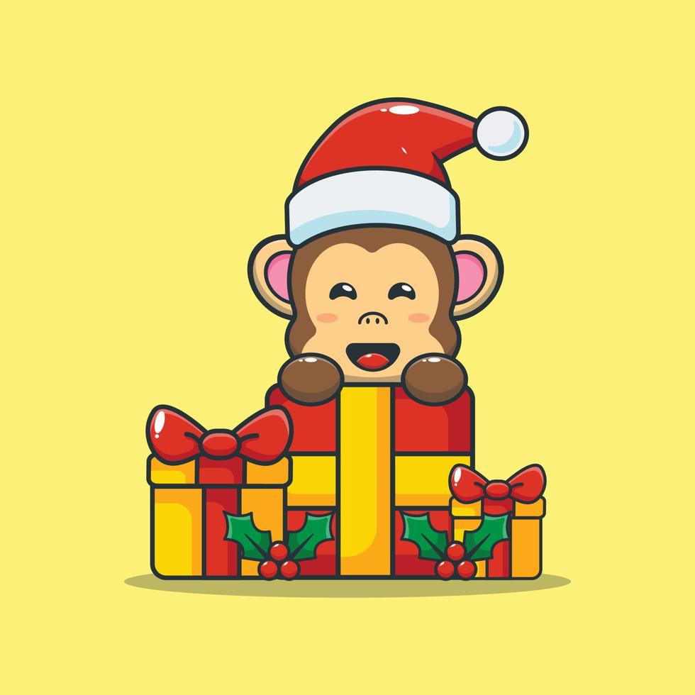 personnage de dessin animé mignon singe avec cadeau de noël vecteur