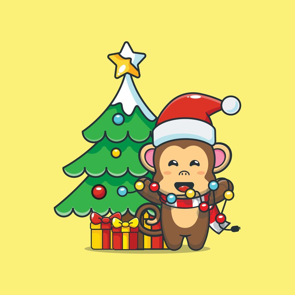 personnage de dessin animé mignon singe avec lampe de noël vecteur