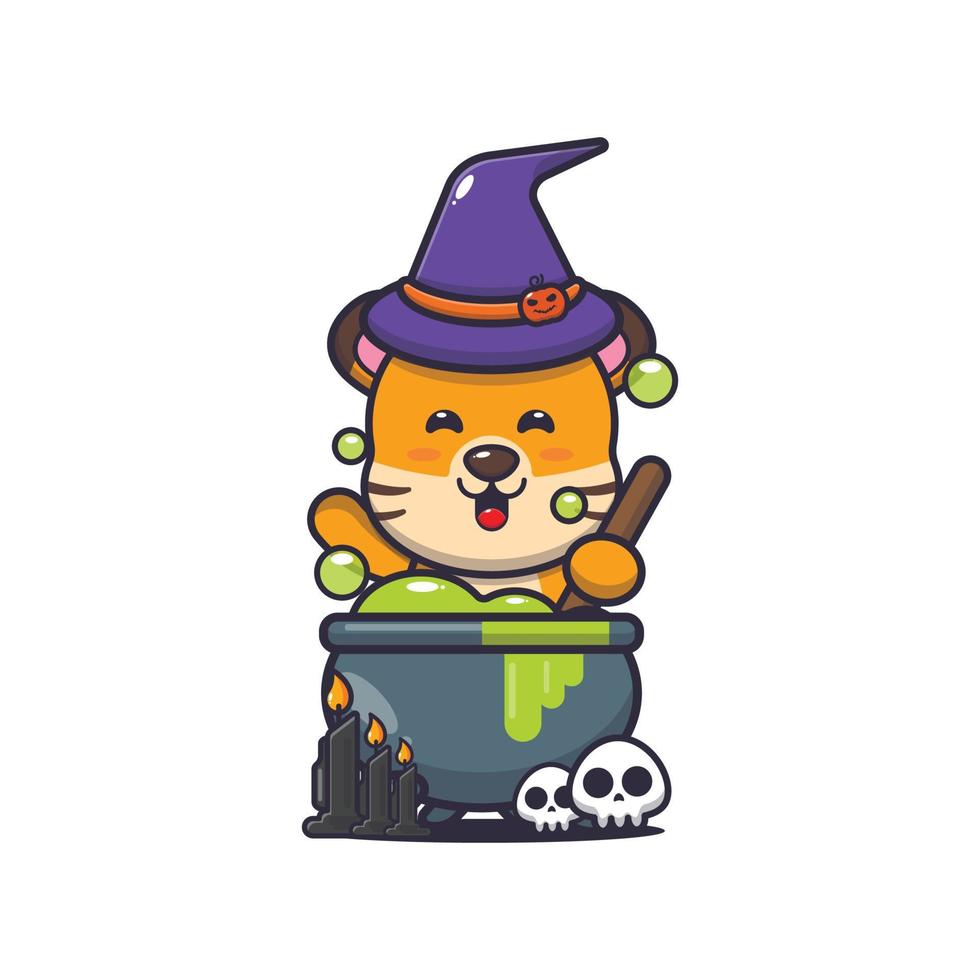 personnage de dessin animé de sorcière tigre mignon faisant une potion le jour d'halloween vecteur