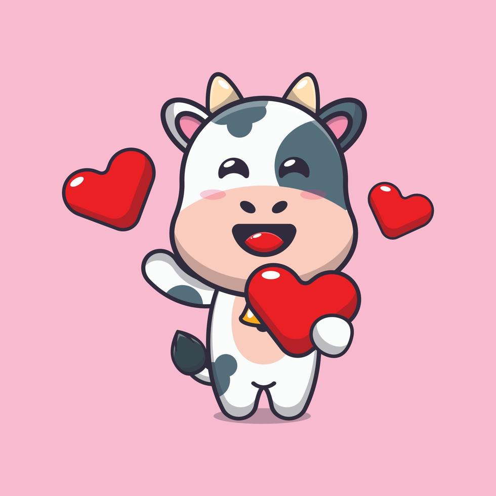 personnage de dessin animé mignon vache tenant le coeur d'amour à la saint valentin vecteur