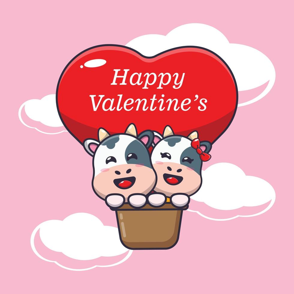 personnage de dessin animé mignon vache voler avec ballon à air le jour de la saint valentin vecteur