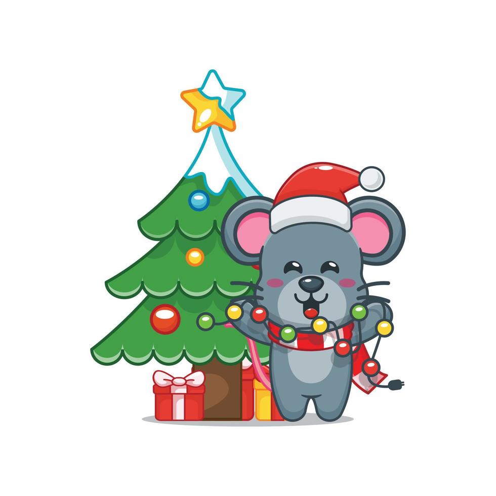 personnage de dessin animé mignon souris avec lampe de noël vecteur