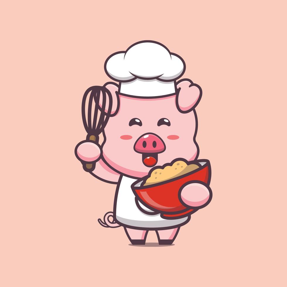 personnage de dessin animé mignon cochon chef mascotte avec pâte à gâteau vecteur
