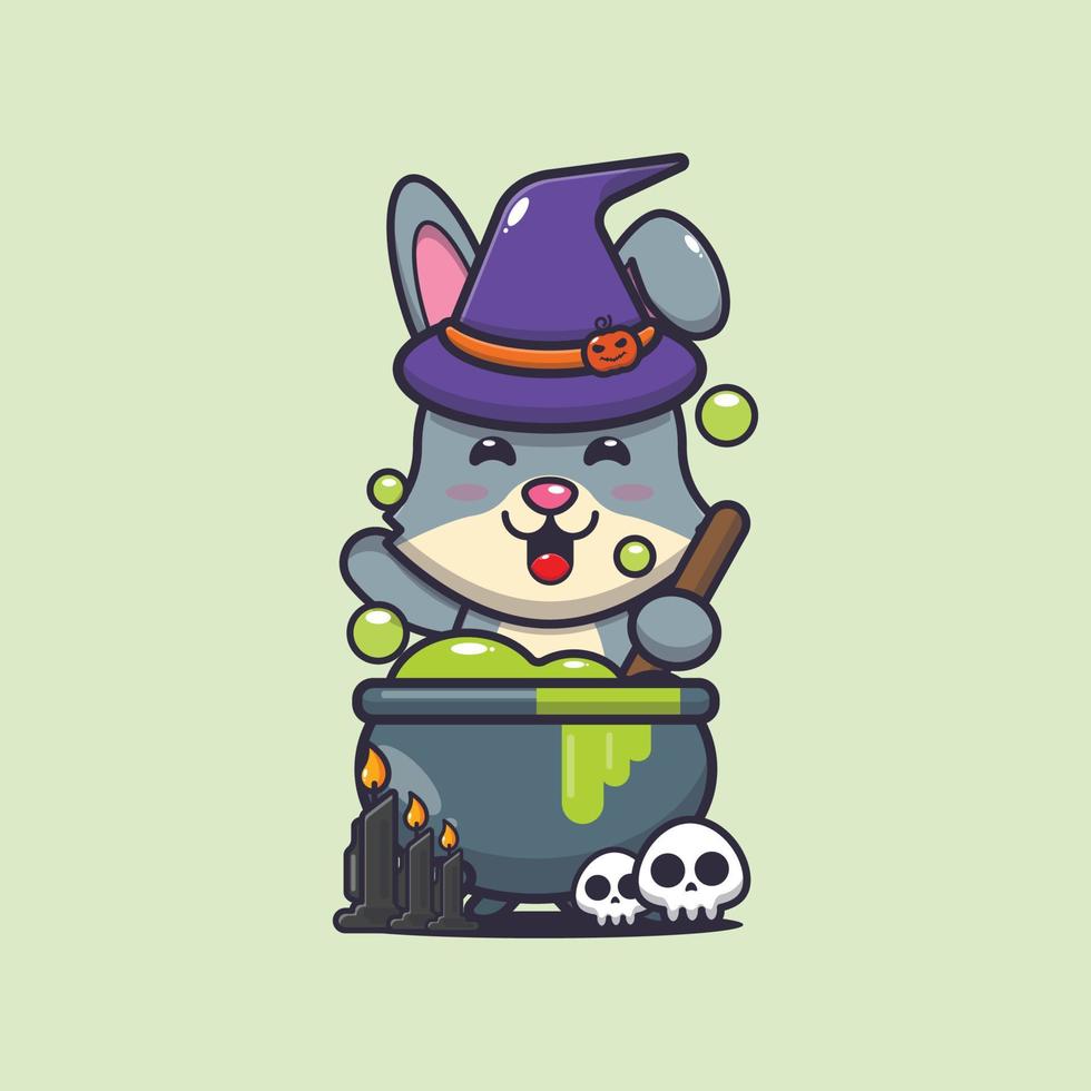 personnage de dessin animé de sorcière de lapin mignon faisant une potion le jour d'halloween vecteur