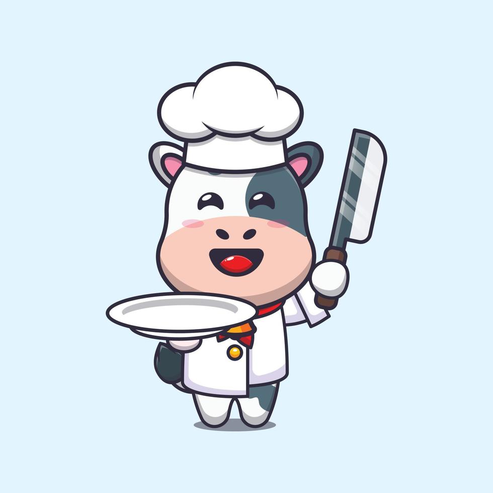 personnage de dessin animé mignon vache chef mascotte avec couteau et assiette vecteur