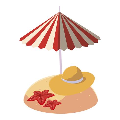 plage de sable d&#39;été avec parasol et chapeau de paille vecteur