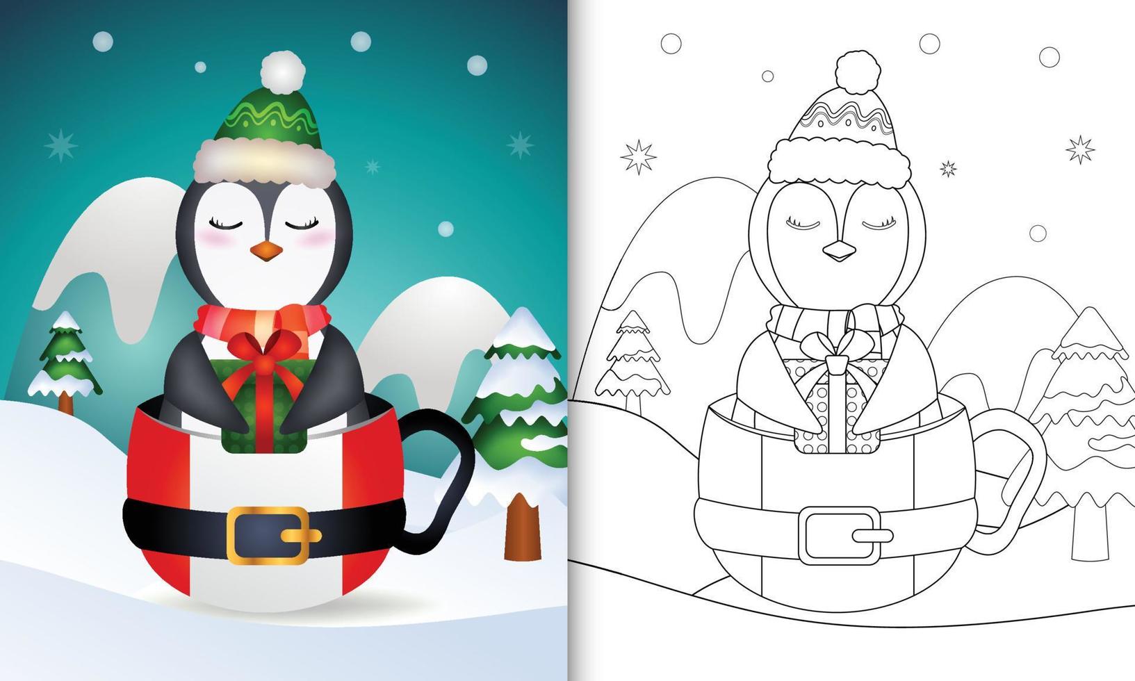 livre de coloriage avec un mignon personnage de noël pingouin avec un bonnet et une écharpe dans la tasse du père noël vecteur