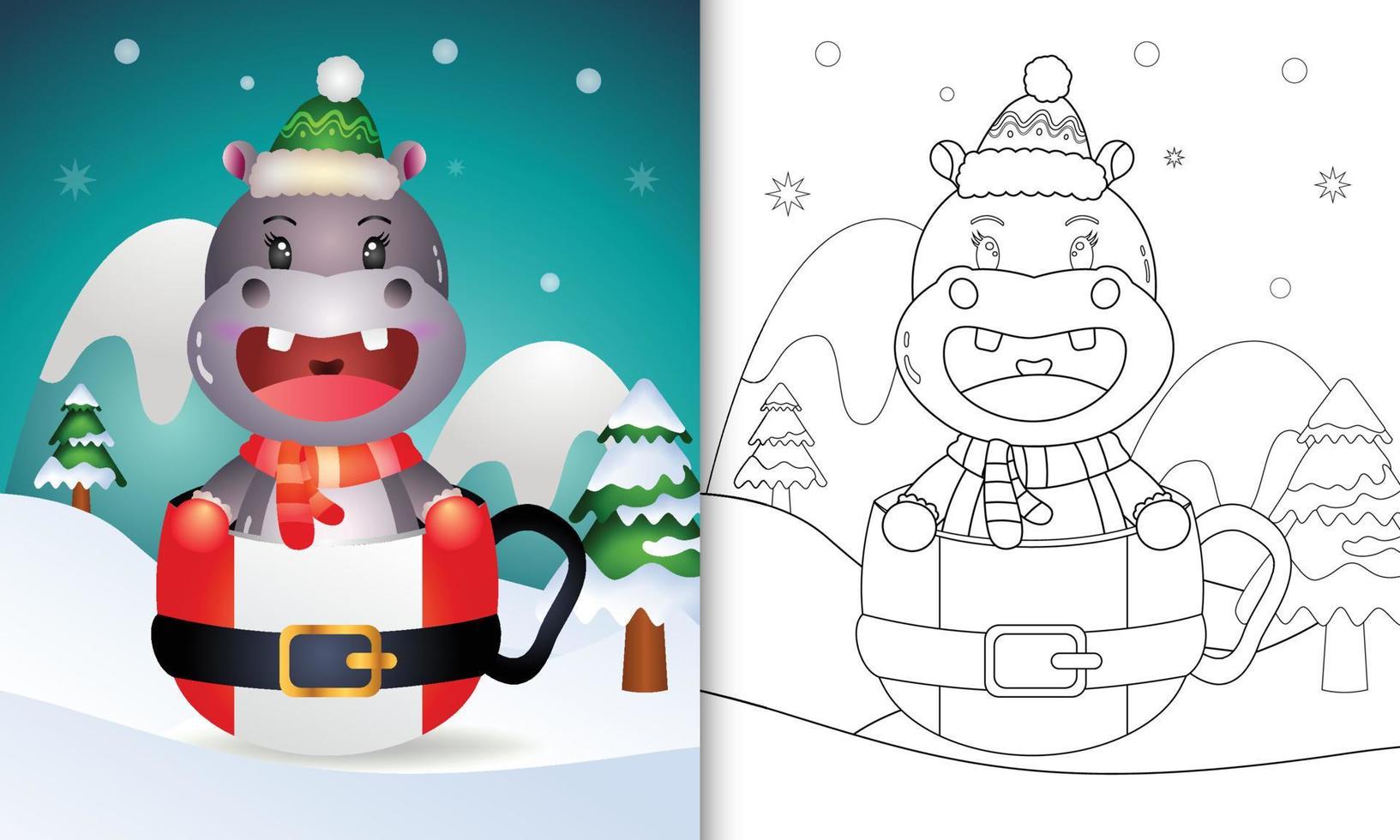 livre de coloriage avec un mignon personnage de noël hippopotame avec un bonnet et une écharpe dans la tasse du père noël vecteur