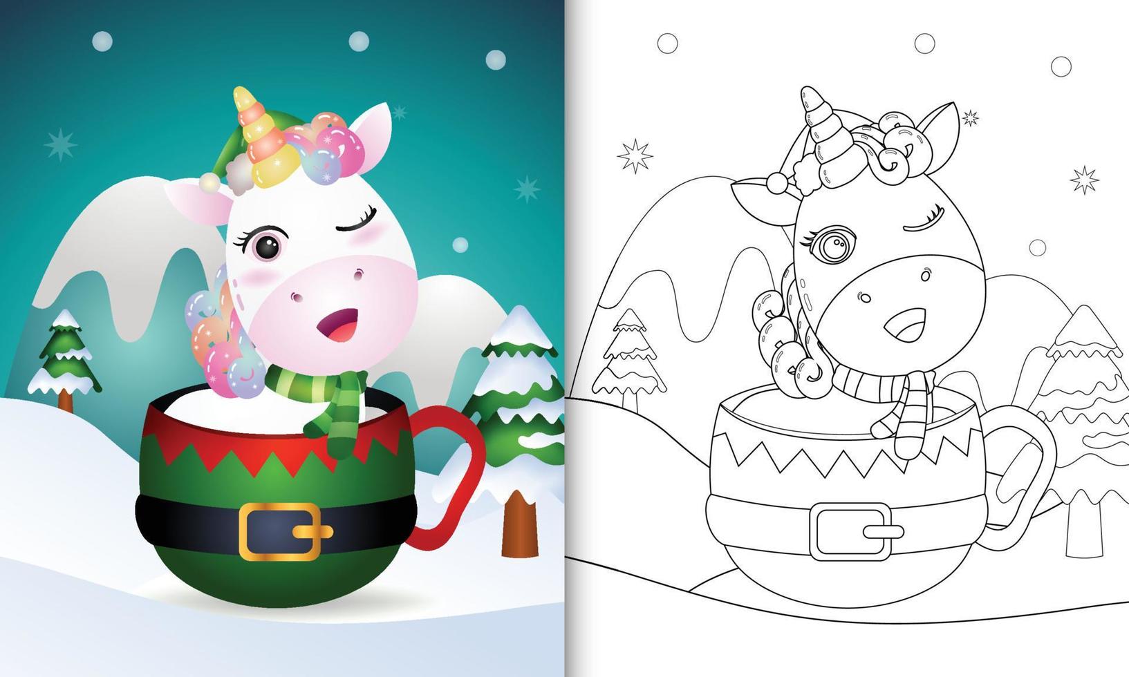 livre de coloriage avec une jolie licorne personnages de noël avec un bonnet et une écharpe dans la coupe du lutin vecteur