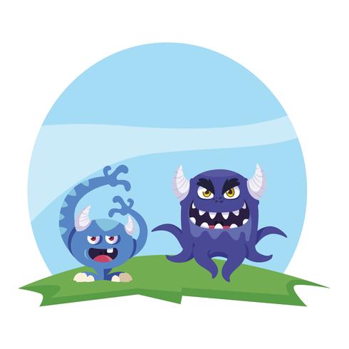 couple de monstres rigolos sur le terrain des personnages colorés vecteur