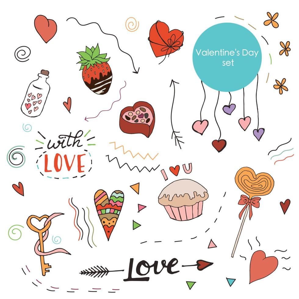 ensemble de doodles pour la saint valentin. illustration vectorielle. ensemble de la saint-valentin. illustration en couleur. vecteur