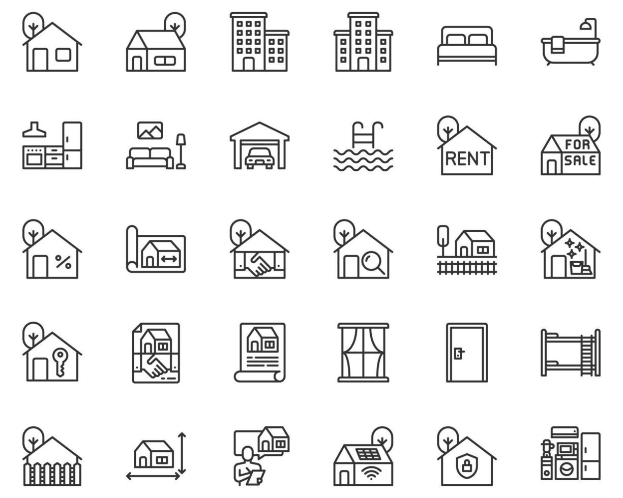 icônes de ligne vectorielle immobilière, maison, maison, bâtiment vecteur