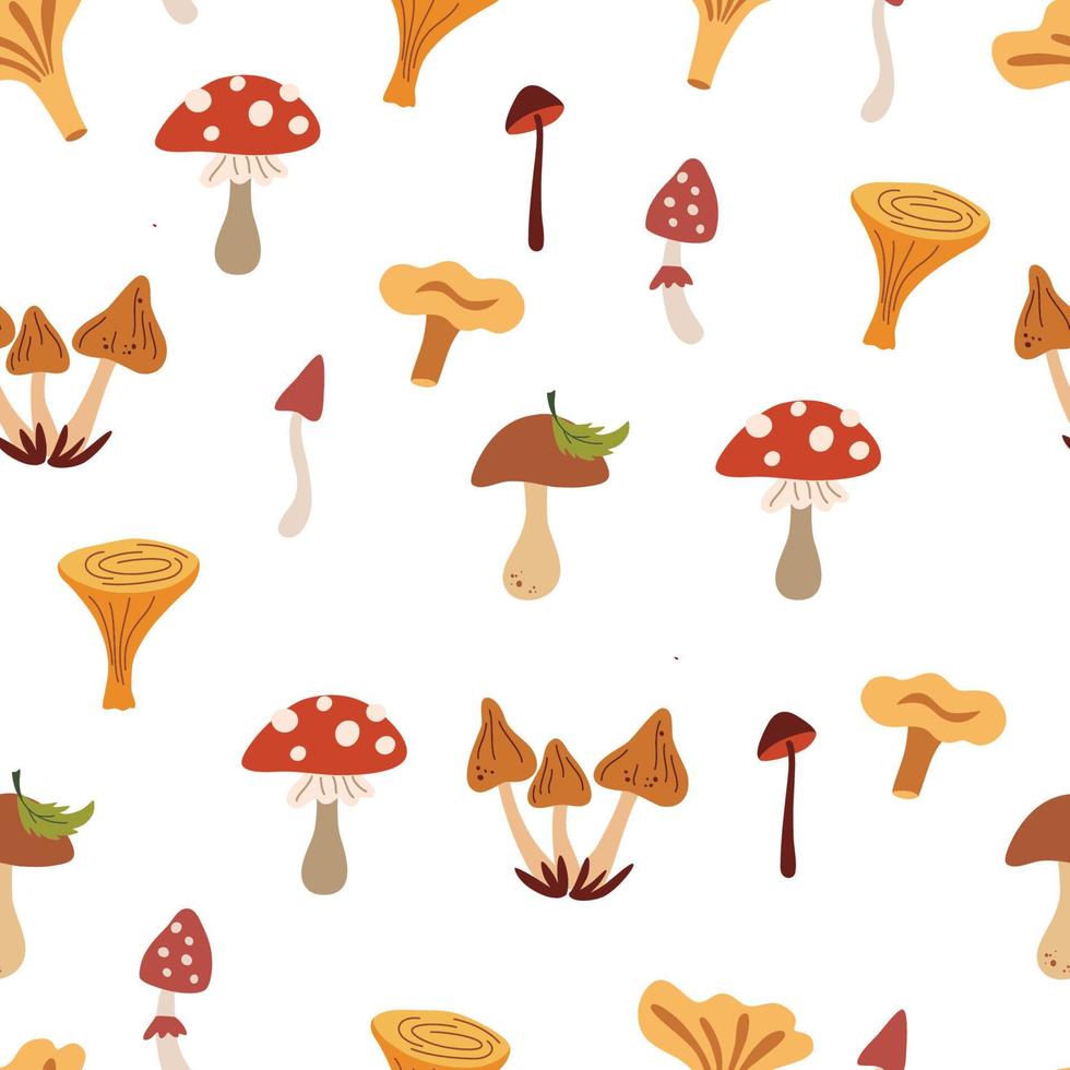 modèle sans couture de champignons. fond de forêt. récolte d'automne, nourriture saine. parfait pour l'impression, les textiles, le papier d'emballage. illustrations vectorielles vecteur