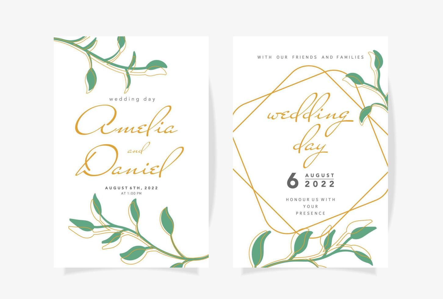 modèle d'invitation de mariage avec de belles feuilles vertes et illustration vectorielle de contours dorés vecteur