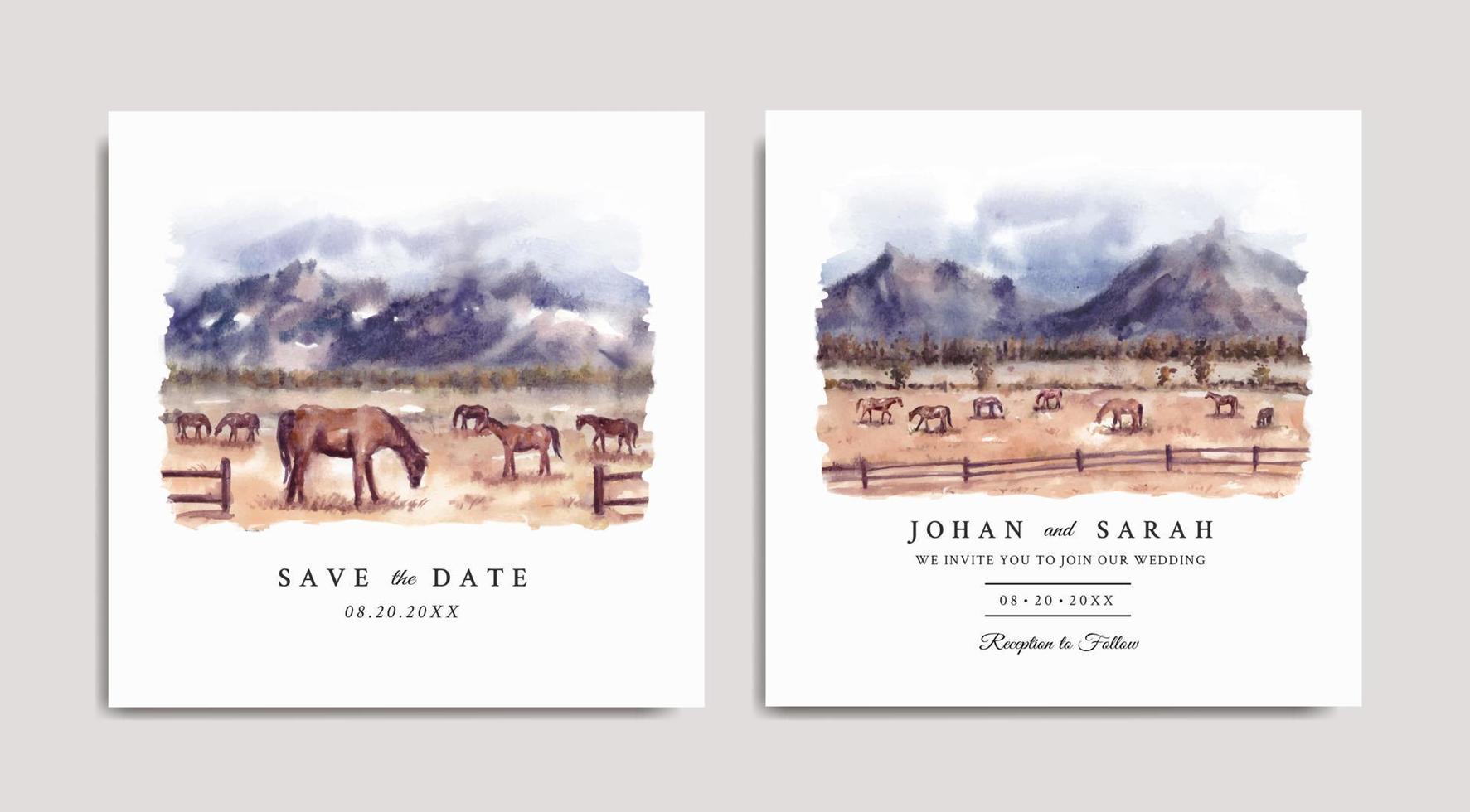 invitation de mariage aquarelle de chevaux dans le paysage naturel de la savane vecteur