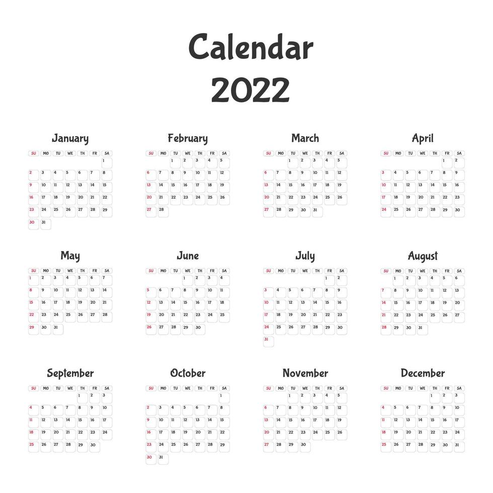 calendrier pour 2022. la semaine commence le dimanche. tous les mois. conception de modèle de calendrier. vecteur. vecteur