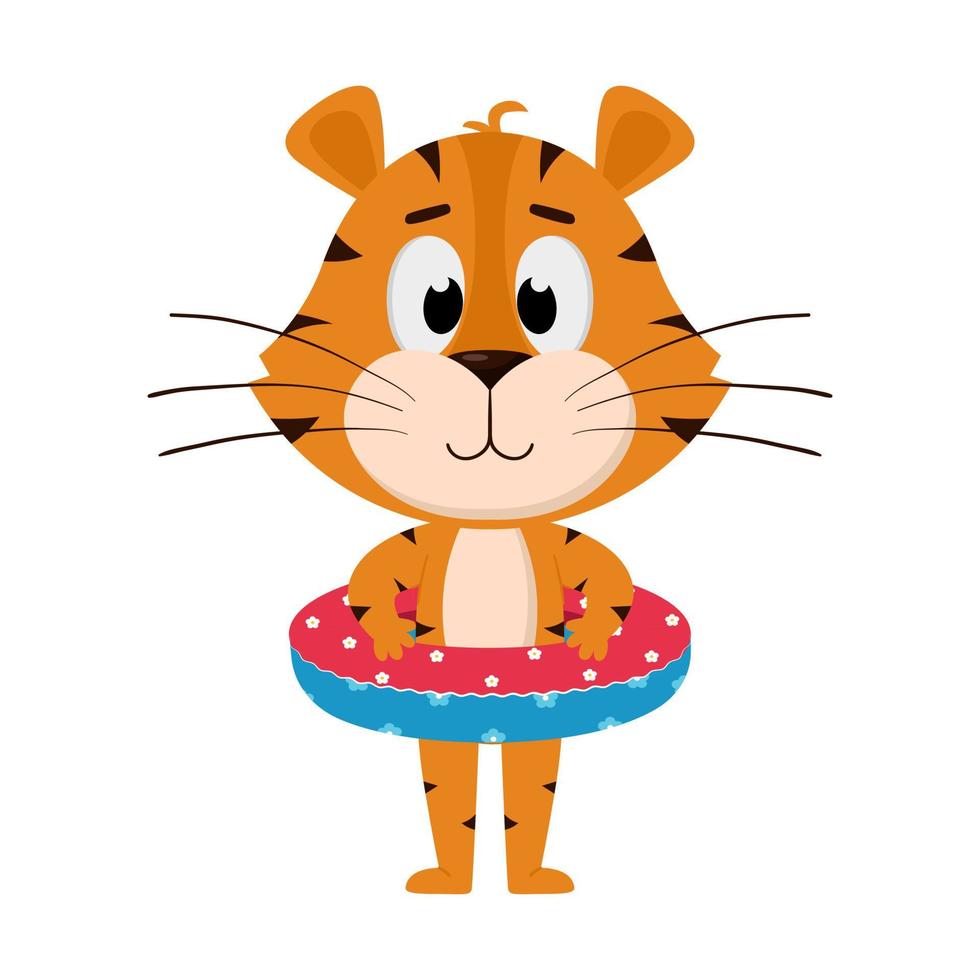 weba tiger se dresse avec une bouée de sauvetage gonflable. personnage de dessin animé mignon. le tigre est le symbole de l'année 2022. illustration vectorielle pour les enfants. isolé sur fond blanc vecteur