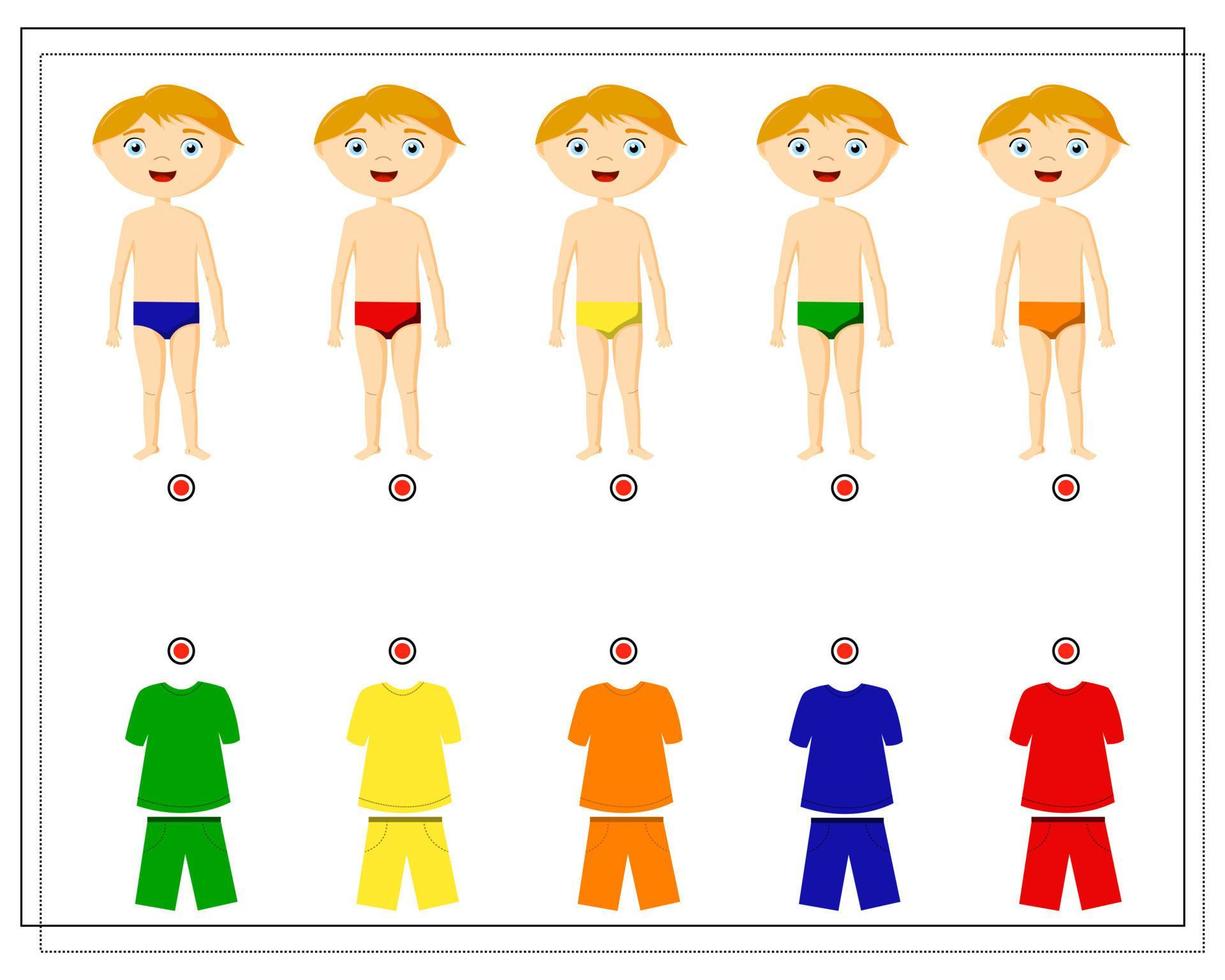 un jeu de puzzle pour les enfants. formation de couleur qui correspond aux couleurs des vêtements. vêtements pour garçons de différentes couleurs vecteur