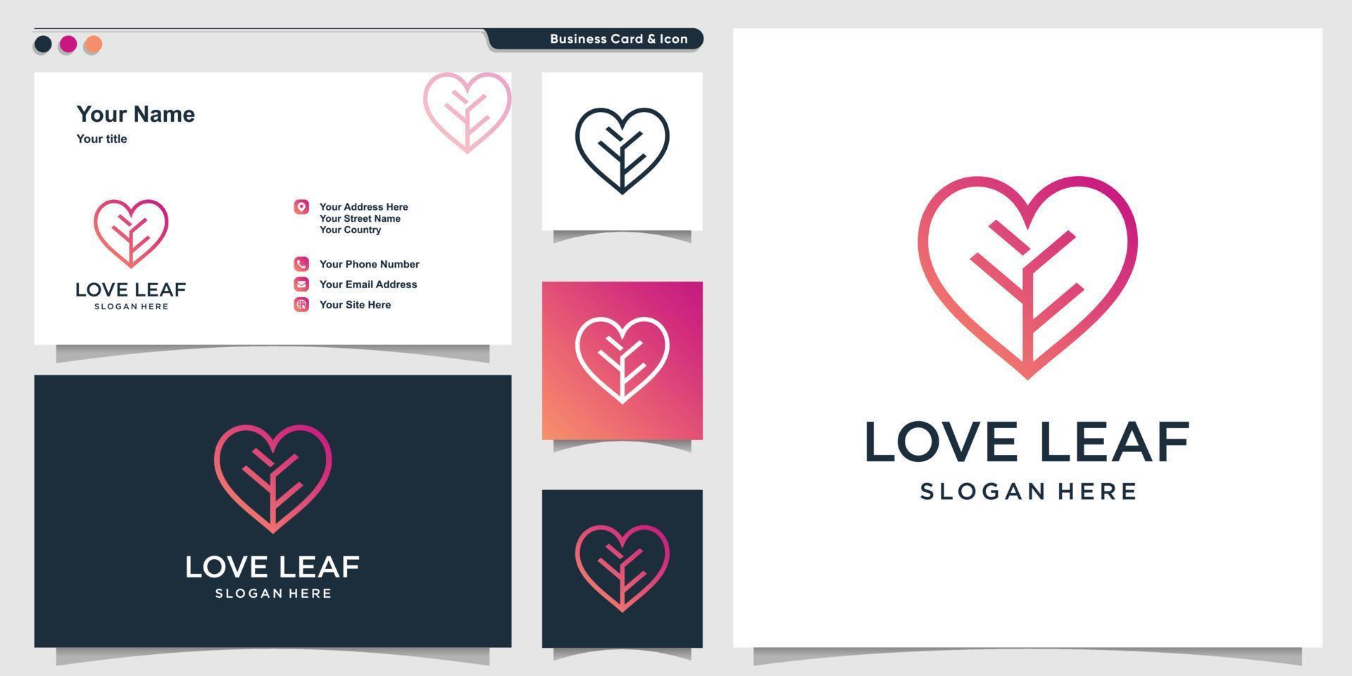 logo d'amour avec style d'art en ligne de feuille et conception de carte de visite vecteur premium