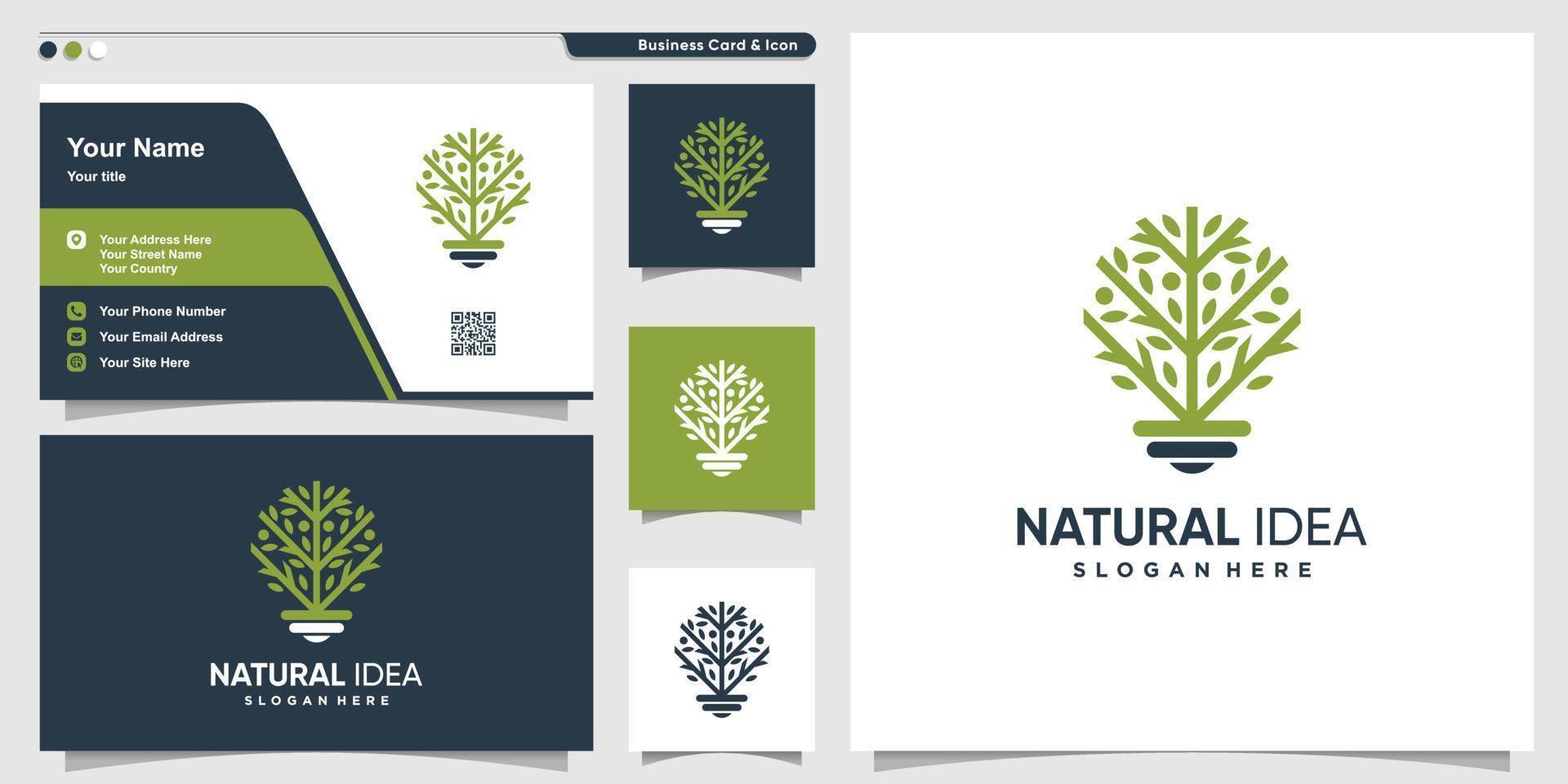 logo d'arbre à idées naturelles avec style d'art en ligne et modèle de conception de carte de visite, arbre, idée, vecteur intelligent et premium