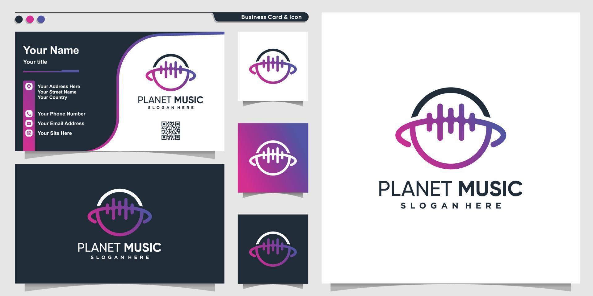 logo planète avec style de musique d'art en ligne et modèle de conception de carte de visite, musique, idée, modèle, vecteur premium