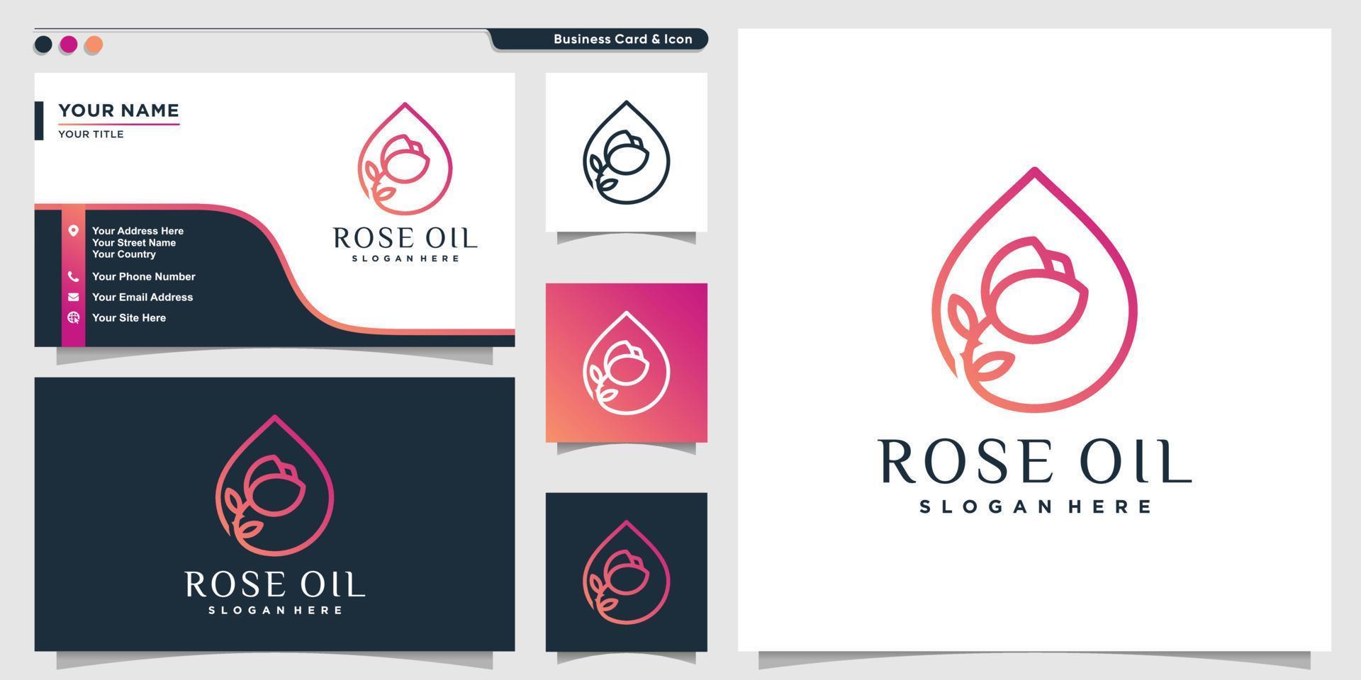 logo d'huile de rose avec style d'art en ligne moderne et modèle de conception de carte de visite vecteur premium