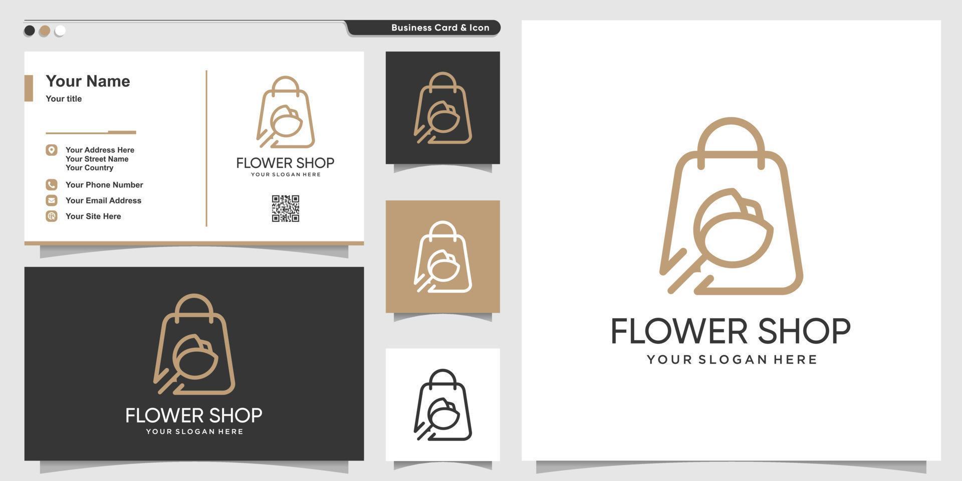 logo de boutique avec style d'art en ligne fleur de beauté et modèle de conception de carte de visite vecteur premium