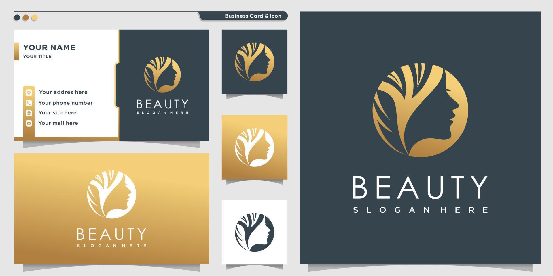 logo beauté avec style doré pour les femmes et modèle de conception de carte de visite, vecteur premium