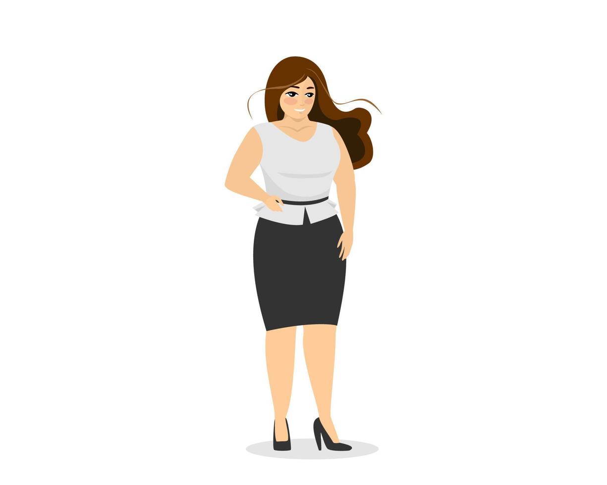 jolie femme d'affaires potelée debout dans des vêtements de bureau élégants. femme d'affaires heureuse en surpoids plus corps de taille. grosse fille adulte bien roulée. bodypositive femme réussie. illustration vectorielle isolée vecteur