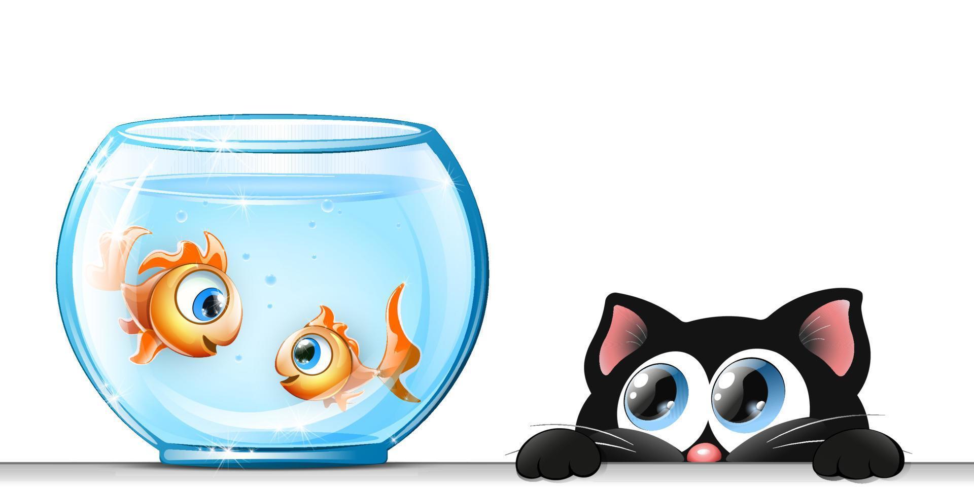 poissons en aquarium et chat noir vecteur