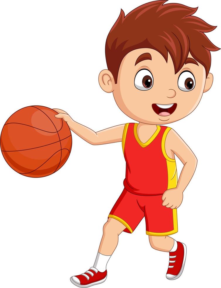 dessin animé petit garçon jouant au basket vecteur