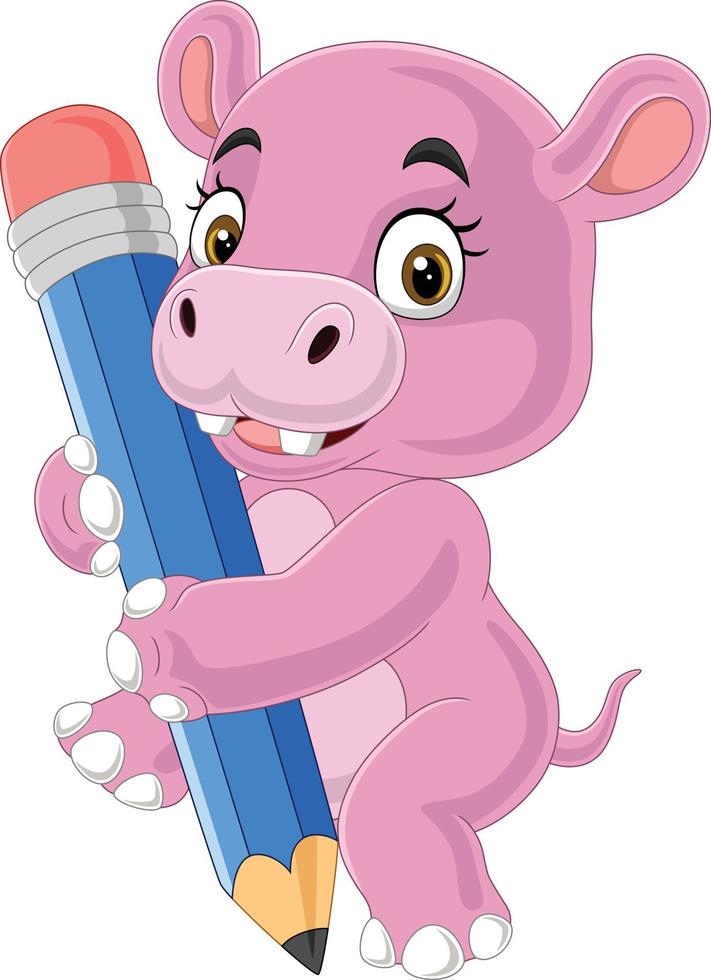 hippopotame drôle de dessin animé tenant un crayon vecteur
