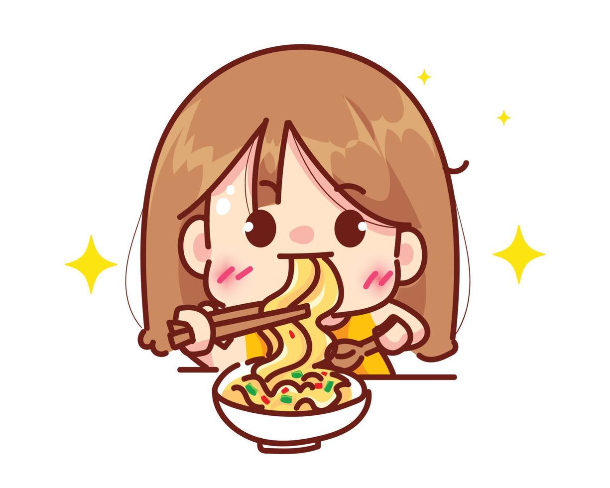 jolie fille mangeant des nouilles ou des ramen restaurant logo concept personnage de dessin animé main dessiner art illustration vecteur