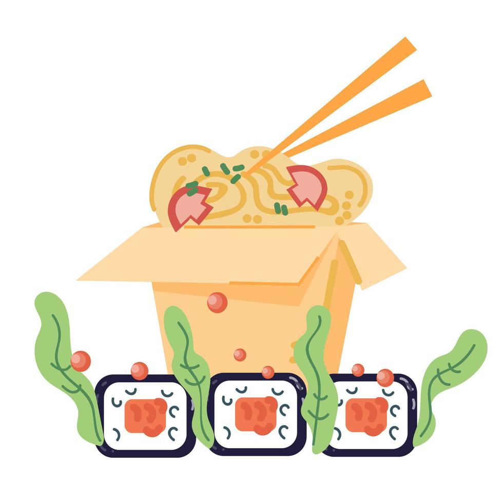 icône de restaurant de cuisine japonaise pour carte de menu ou élément de logo avec sushi et nouilles en boîte, illustration vectorielle plane isolée. symbole de livraison de café à emporter asiatique. vecteur