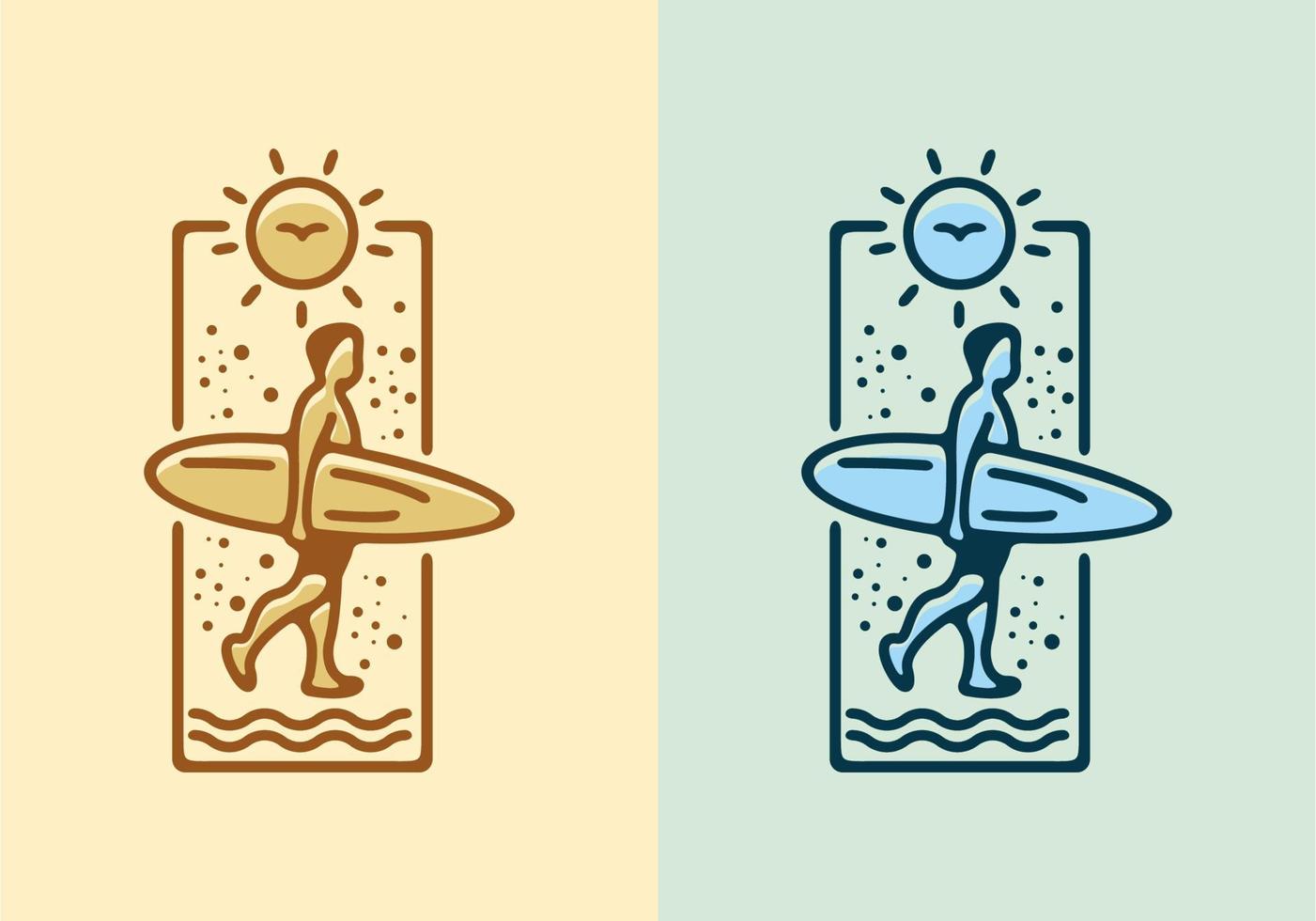 illustration colorée d'art de ligne plate d'aller au surf vecteur