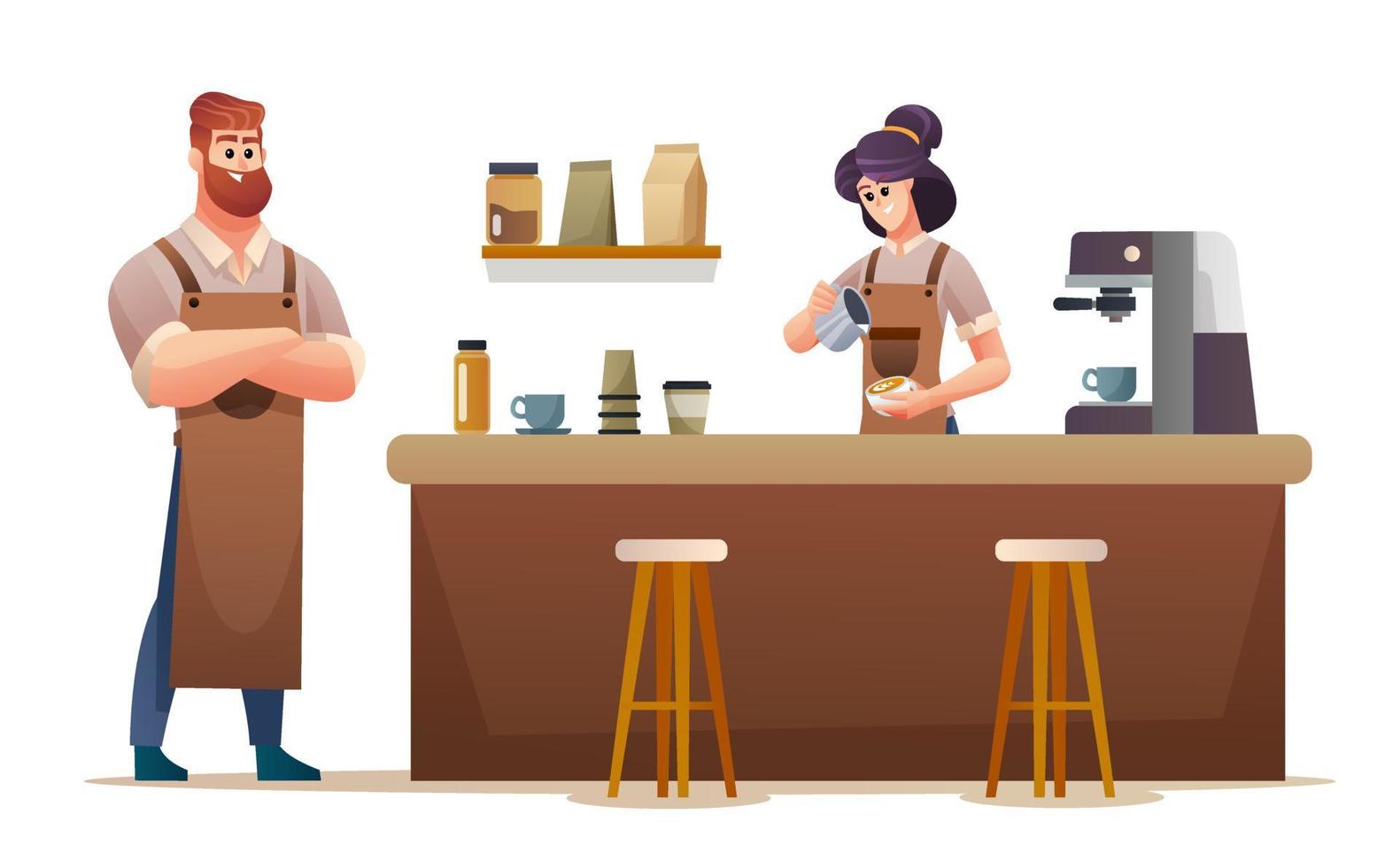 baristas masculins et féminins travaillant à l'illustration de dessin animé de café vecteur