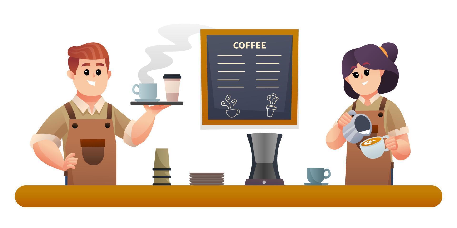 mignon barista mâle portant du café et la femme barista faisant du café illustration vecteur