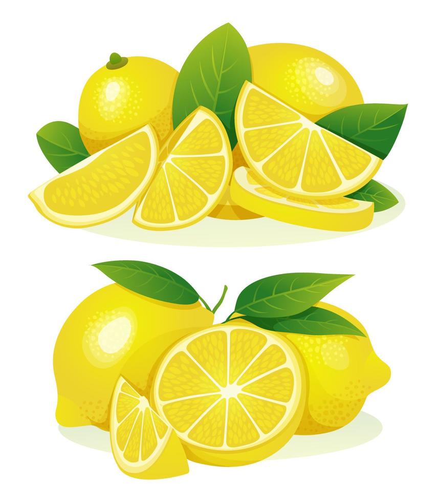 ensemble de citron frais entier, moitié et tranche coupée avec illustration de feuilles isolée sur fond blanc vecteur