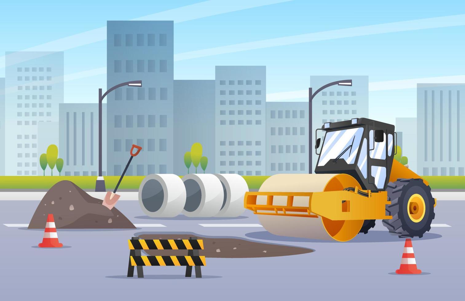 compacteur à vapeur asphaltant la construction d'autoroutes dans l'illustration de la ville urbaine vecteur