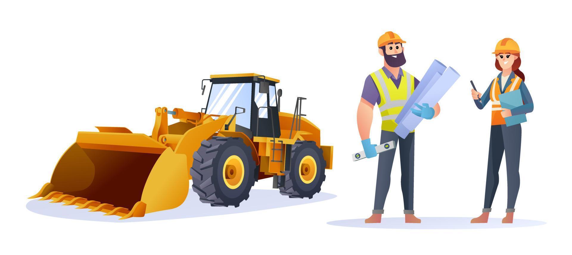 personnages masculins et féminins d'ingénieur en construction avec illustration de chargeuse sur pneus vecteur