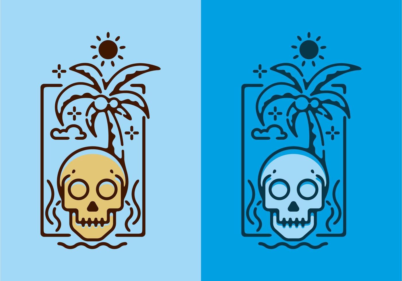 illustration colorée d'art de ligne plate de tête de crâne et de cocotier vecteur