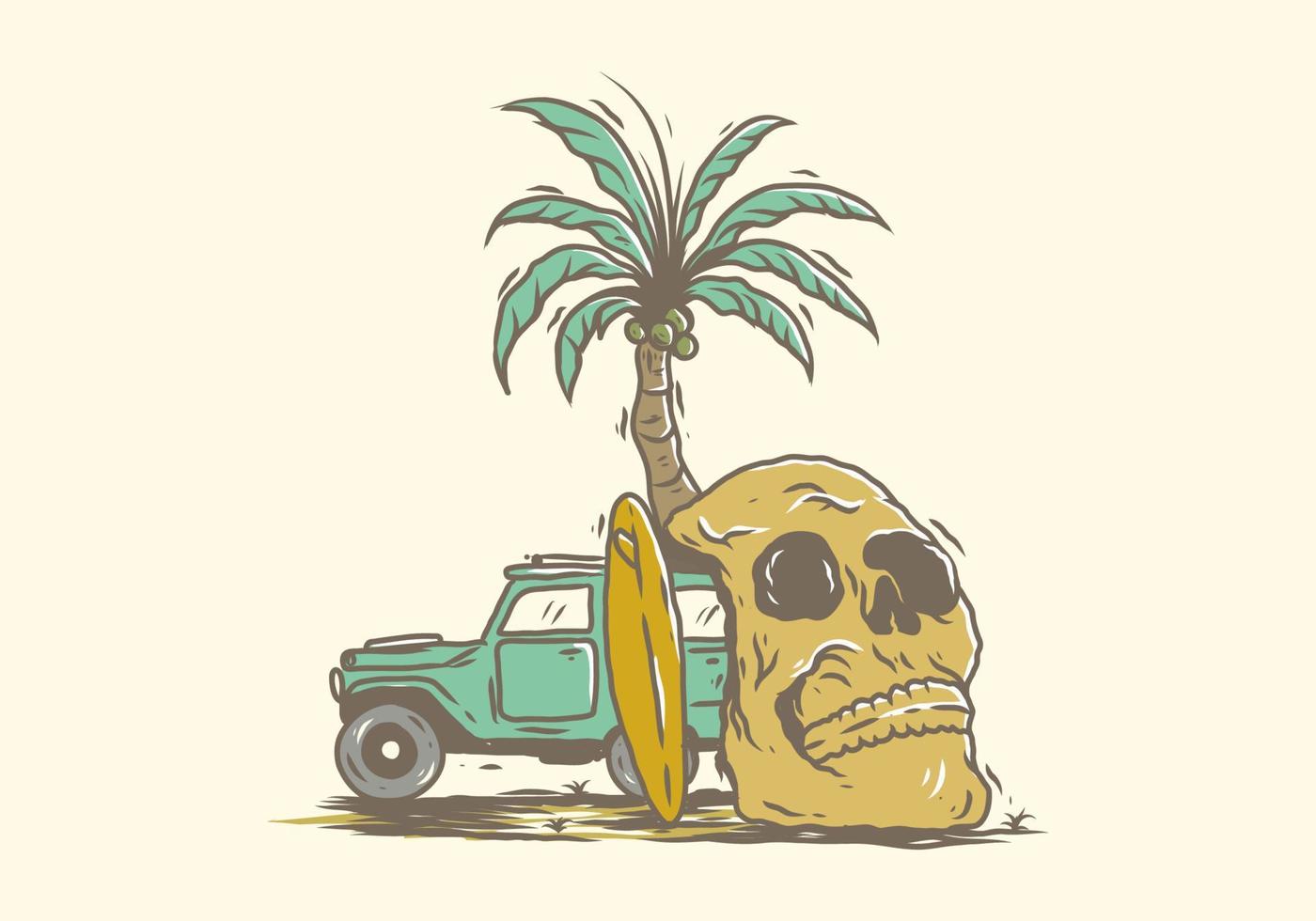 voiture et tête de squelette sur la plage dessin d'illustration vintage vecteur