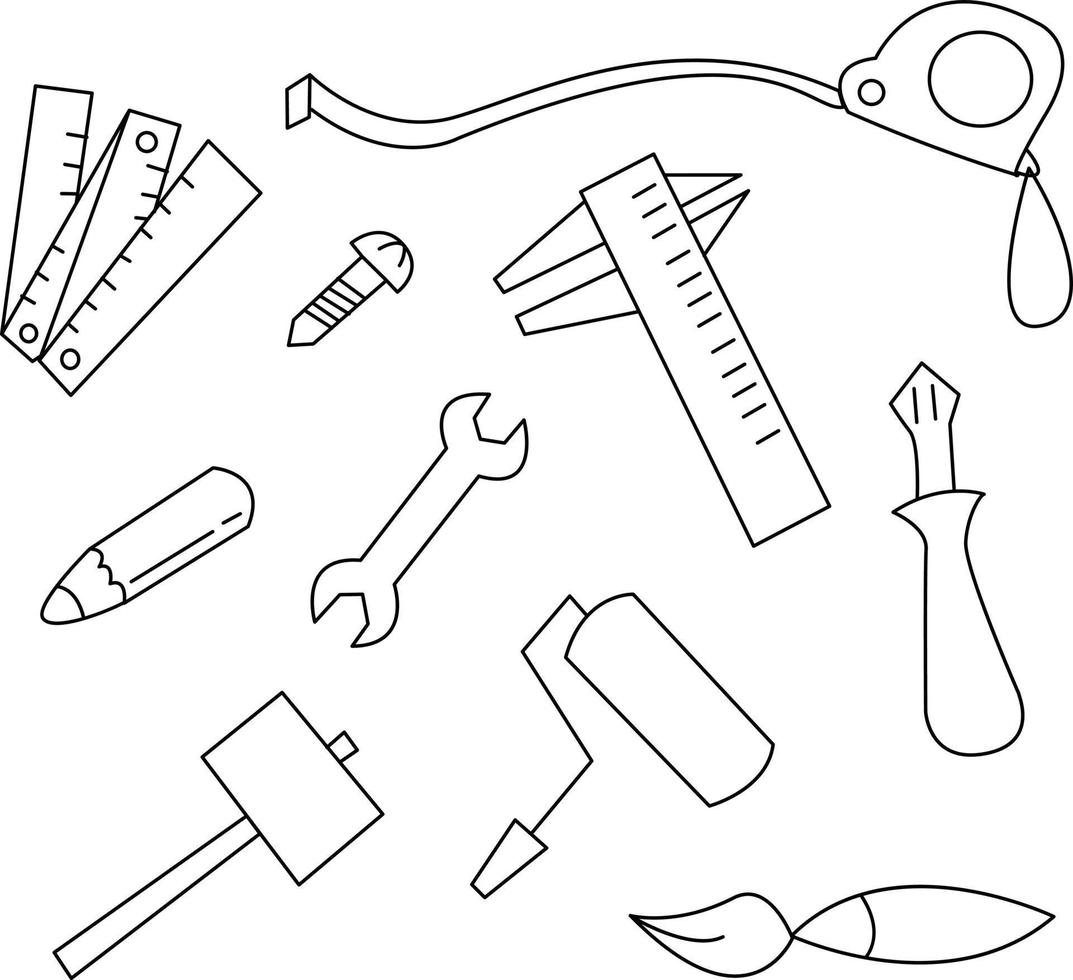 ensemble d'équipement de bricoleur. pour les besoins de conception graphique classique. se compose de lignes noires et blanches. peut être utilisé pour les livres à colorier vecteur