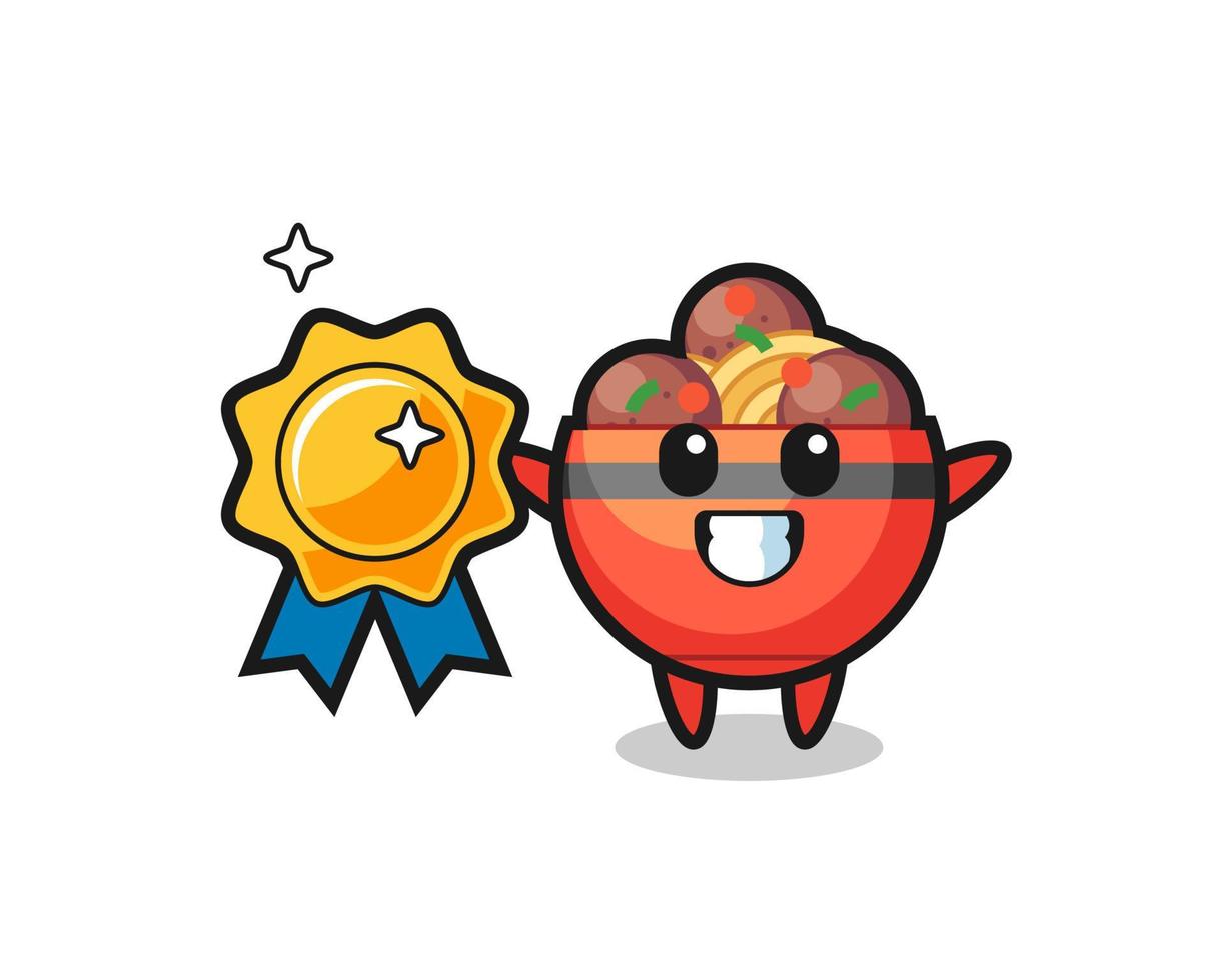 illustration de mascotte de bol de boulettes de viande tenant un badge doré vecteur