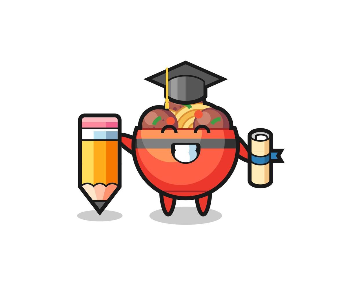 le dessin animé d'illustration de bol de boulettes de viande est l'obtention du diplôme avec un crayon géant vecteur