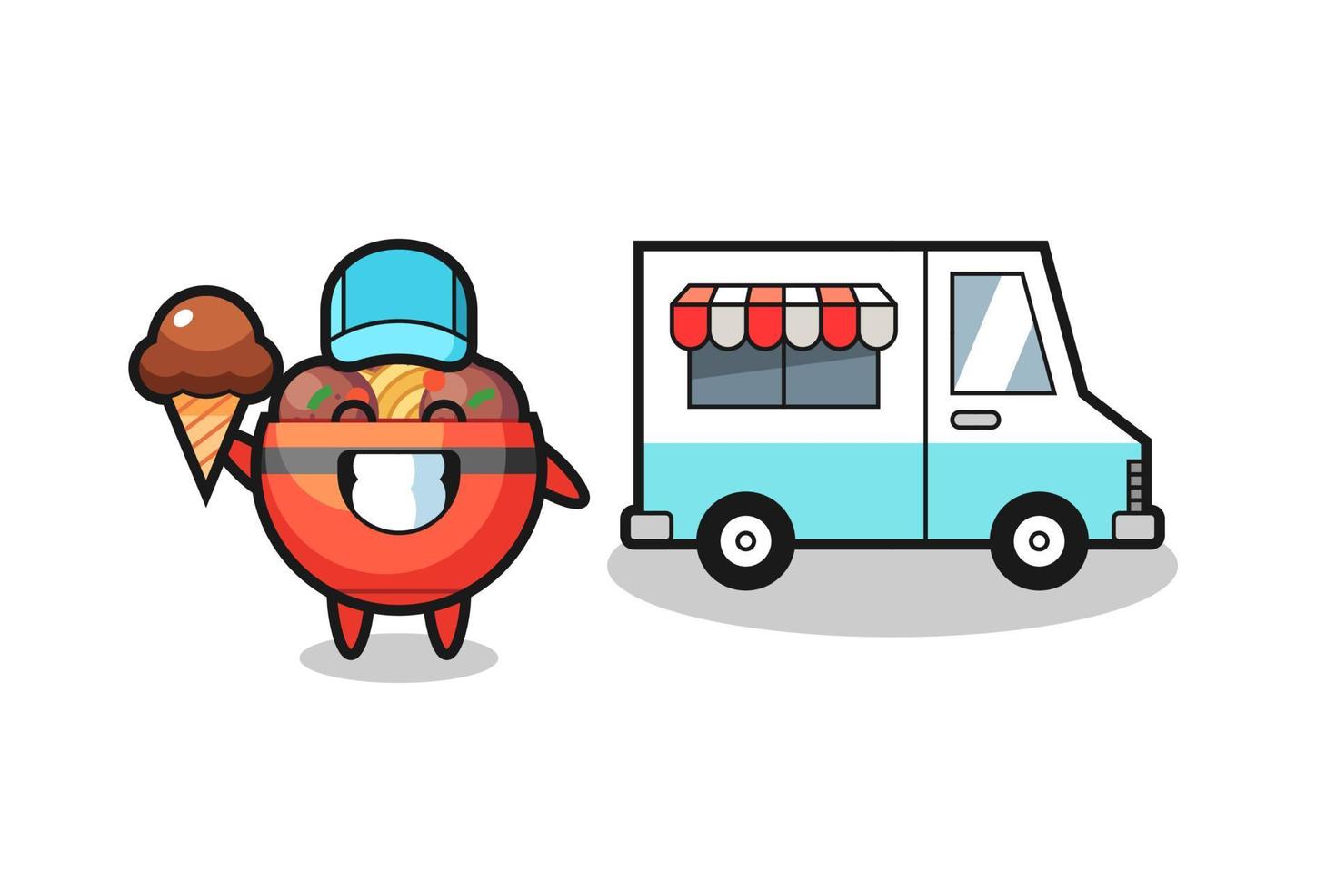 caricature de mascotte de bol de boulettes de viande avec camion de crème glacée vecteur