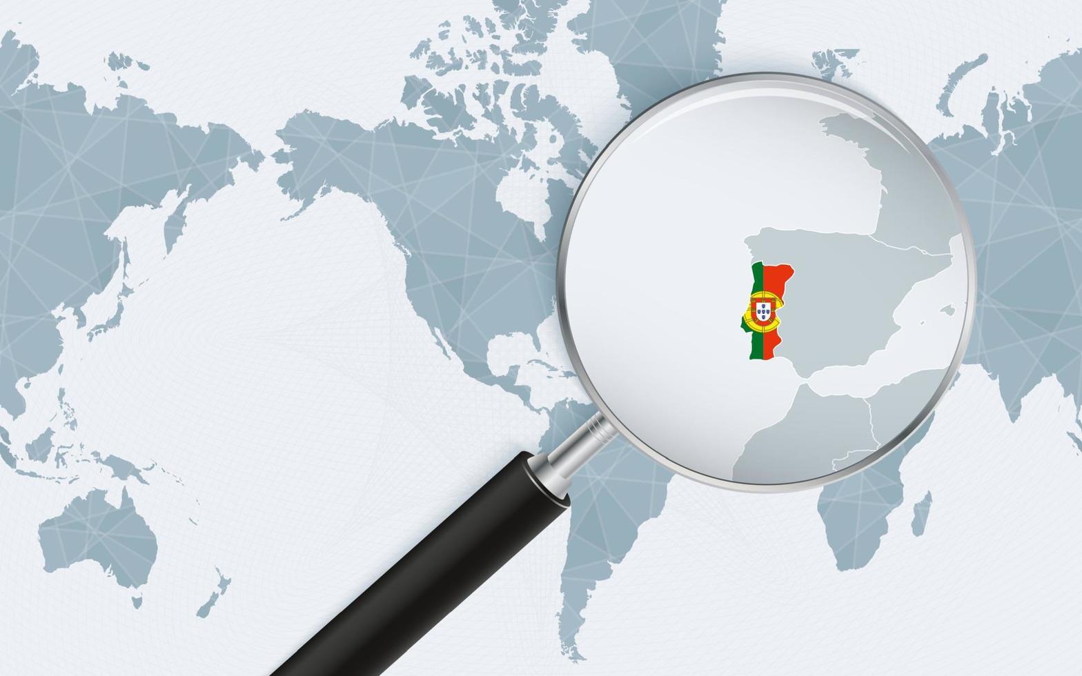 carte agrandie du portugal sur la carte du monde centrée sur l'amérique. carte agrandie et drapeau du portugal. vecteur