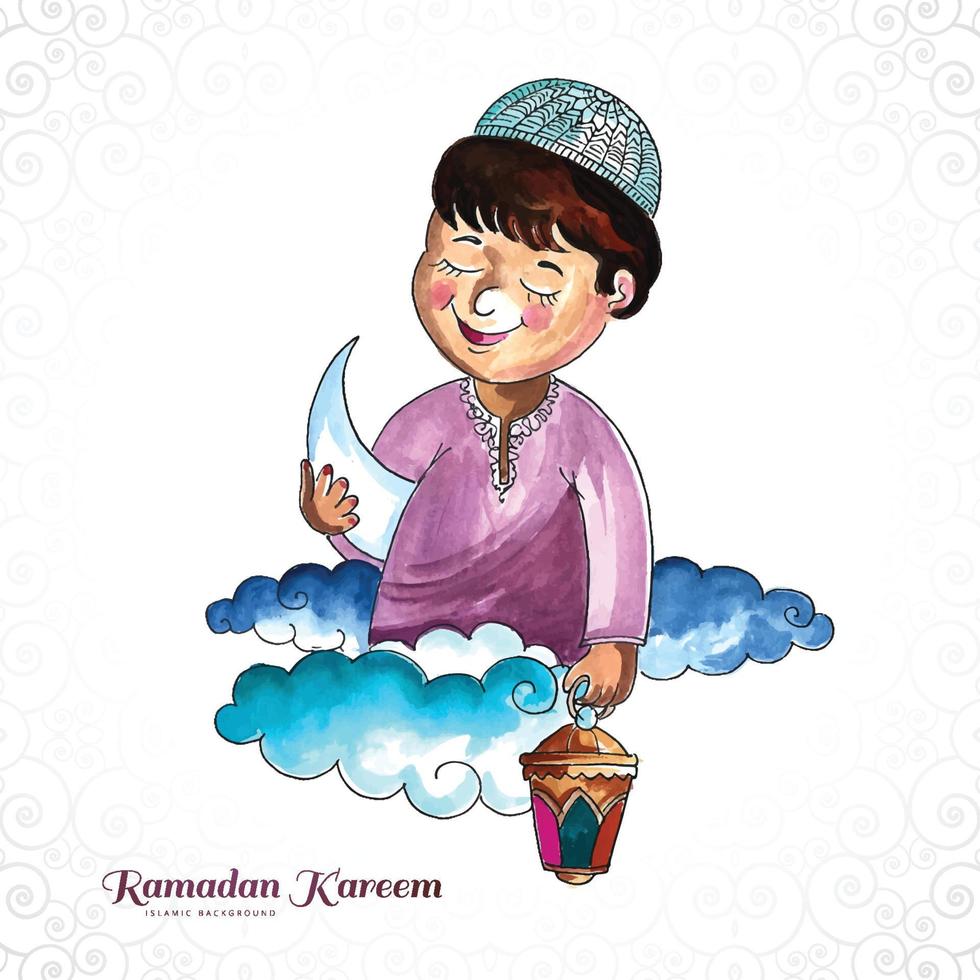 beau garçon musulman tenant la conception de cartes lanterne ramadan kareem vecteur