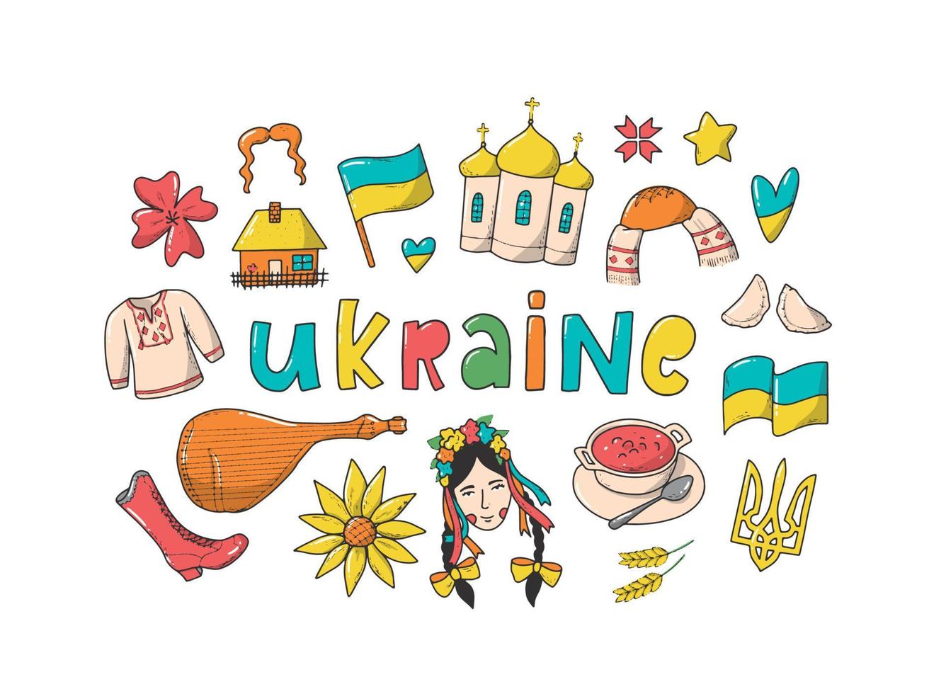 ensemble de doodles de culture ukrainienne, dessin animé, clipart, autocollants. éléments dessinés à la main, isolés sur fond blanc. eps 10 vecteur